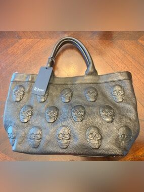 IO Pelle Black Leather Skull Embossed Tote